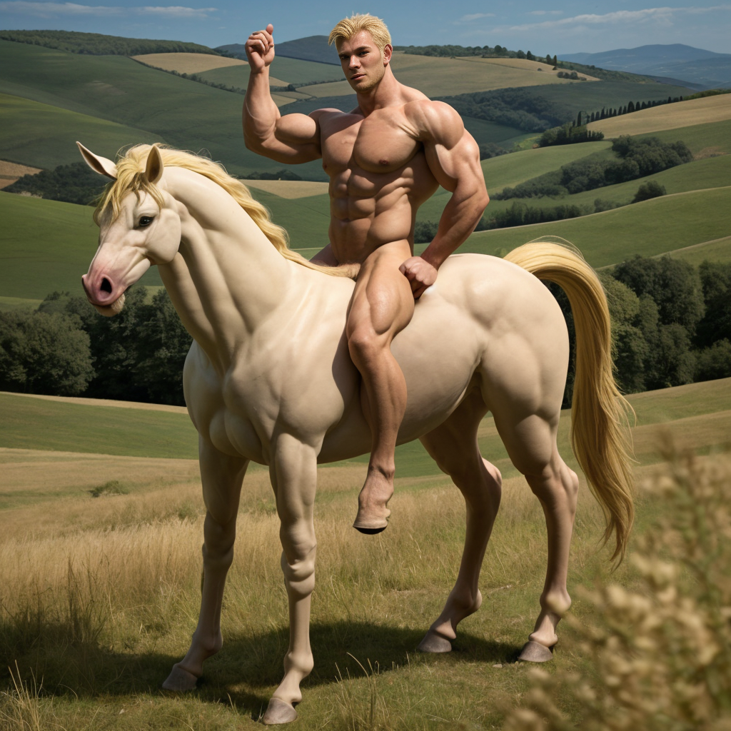 centauro rubio, empalmado. En paisaje de La Toscana. Cuerpo marcado