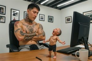 A muscular and heavily tattooed man remains seated in an office chair with his arms crossed, looking with a serious and somewhat indifferent expression at a tiny bald male figure who is standing on the desk, barefoot, wearing black shorts and with his torso bare, shouting with his mouth open and his arms outstretched in a defiant or furious attitude. The scene has a surreal and comic tone due to the contrast in sizes between the two characters. On the wooden table appear a large monitor, a keyboard, a pen, and a white mug, while in the background are seen light-colored walls decorated with framed portraits and modern ceiling lights, creating a corporate office or meeting room atmosphere.
