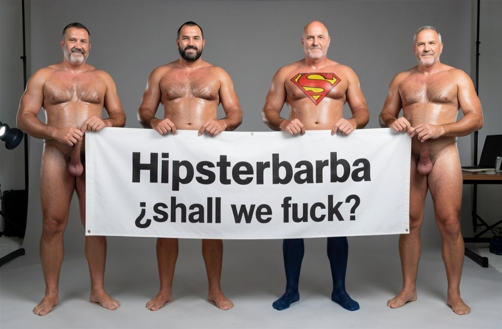 Four naked muscular men holding banner text (Hipsterbarba amor) ultra high quality 8K photorealistic: El Comandante Spanish military leader 45 years short gray hair stern commanding face muscular trained body 185cm 85kg standing far left holding left edge of banner with both hands completely naked massive erect uncircumcised penis 25cm thick veiny shaft visible below banner heavy balls alpha dominant stance, Soldado Bartolo Spanish soldier 35 years thick dark full beard short hair very hairy muscular chest arms legs groin 180cm 80kg standing center-left holding banner completely naked large erect uncircumcised penis 18cm thick visible hairy balls masculine hairy build playful smirk, Superman alien superhero 195cm 100kg perfect bronzed smooth hairless skin short black hair with characteristic curl bright blue eyes massive superhuman muscles standing center-right holding banner completely naked enormous erect penis 23cm steel hard thick shaft visible smooth heavy balls god-like physique confident smile, General Rodolfo Castaños 60 years short gray military hair thick gray mustache experienced muscular body 175cm 75kg standing far right holding right edge of banner completely naked thick erect penis 20cm visible mature heavy balls military bearing knowing expression, all four men standing in horizontal row full body visible head to feet holding between them large white fabric banner at chest level with bold black letters spelling Hipsterbarba ¿follamos? question mark clearly readable professional typography banner stretched tight all four erect penises balls completely visible below banner military office background professional studio lighting 8K photorealistic resolution masterpiece quality inviting expressions.