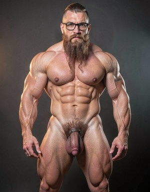 A highly detailed full-body nude photograph of a 40-year-old dominant muscle bear named Hipsterbarba, standing confidently in a well-lit studio with dramatic lighting that accentuates every muscle. He is 180cm tall, 80kg with 8% body fat, extremely muscular and symmetrical. Massive rounded hairy pecs with clear separation and dark pointed nipples, shredded six-pack abs with deep cuts and visible obliques forming a strong V-taper, wide shoulders, vascular arms, huge quads and defined legs. Very dense black masculine body hair covering his chest, running down in a thick treasure trail to a very bushy dark pubic area. He has a perfectly groomed long Bandholz beard that reaches mid-chest, thick mustache with curled upward spiral ends, modern high fade undercut hairstyle, black hipster glasses, and a small tattoo on his right bicep that reads 