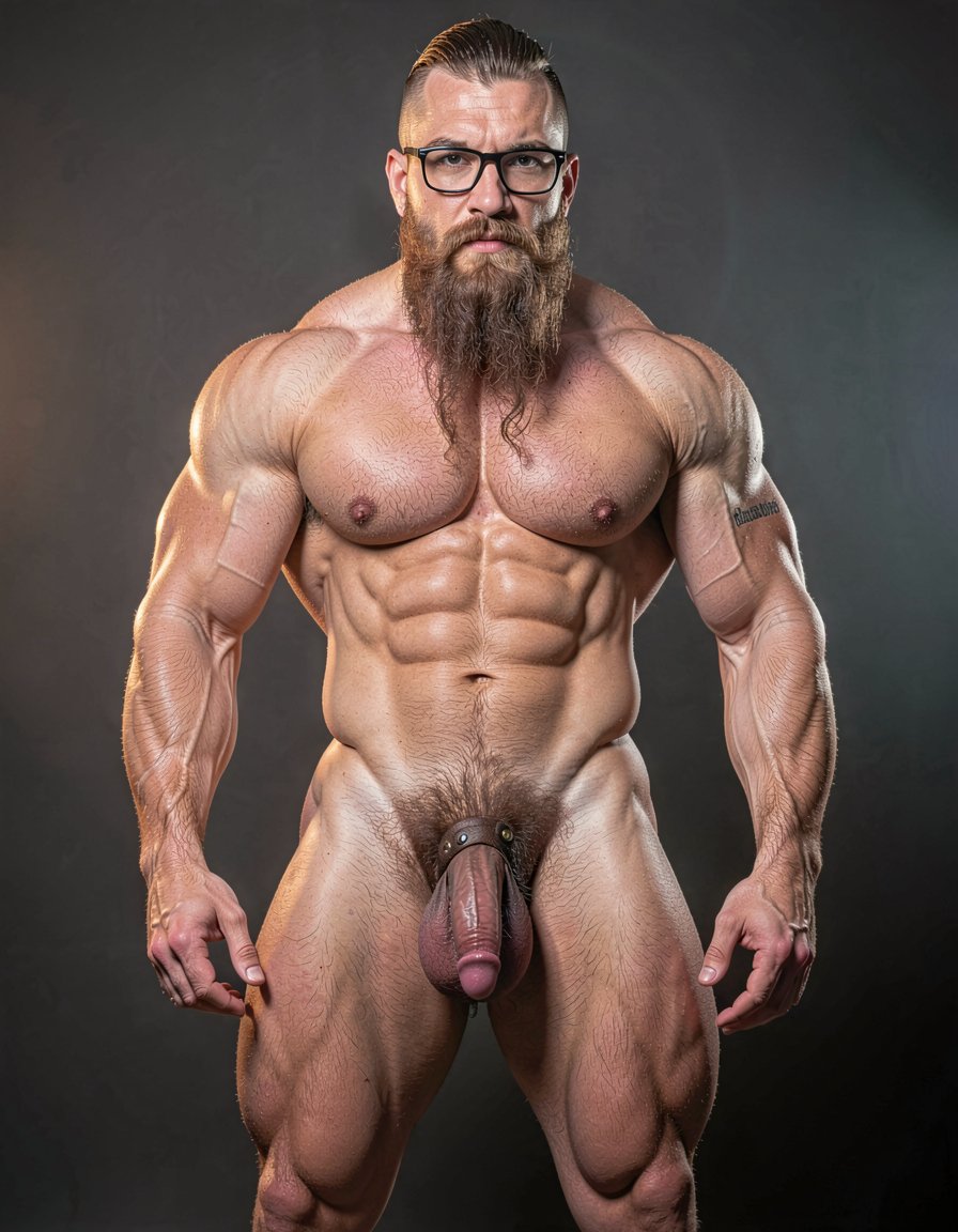 A highly detailed full-body nude photograph of a 40-year-old dominant muscle bear named Hipsterbarba, standing confidently in a well-lit studio with dramatic lighting that accentuates every muscle. He is 180cm tall, 80kg with 8% body fat, extremely muscular and symmetrical. Massive rounded hairy pecs with clear separation and dark pointed nipples, shredded six-pack abs with deep cuts and visible obliques forming a strong V-taper, wide shoulders, vascular arms, huge quads and defined legs. Very dense black masculine body hair covering his chest, running down in a thick treasure trail to a very bushy dark pubic area. He has a perfectly groomed long Bandholz beard that reaches mid-chest, thick mustache with curled upward spiral ends, modern high fade undercut hairstyle, black hipster glasses, and a small tattoo on his right bicep that reads 