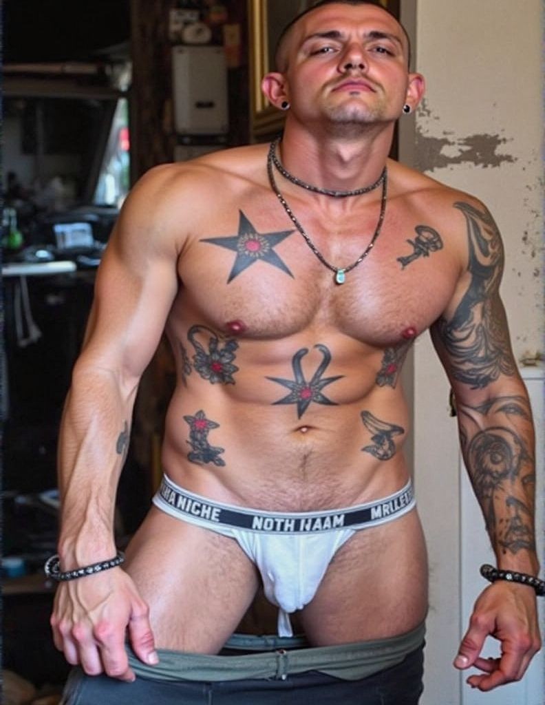 chico de 25 años  de barrio  con  gesto enfadado, nos muestra su cuerpo tatuado en su apartamento destartalado