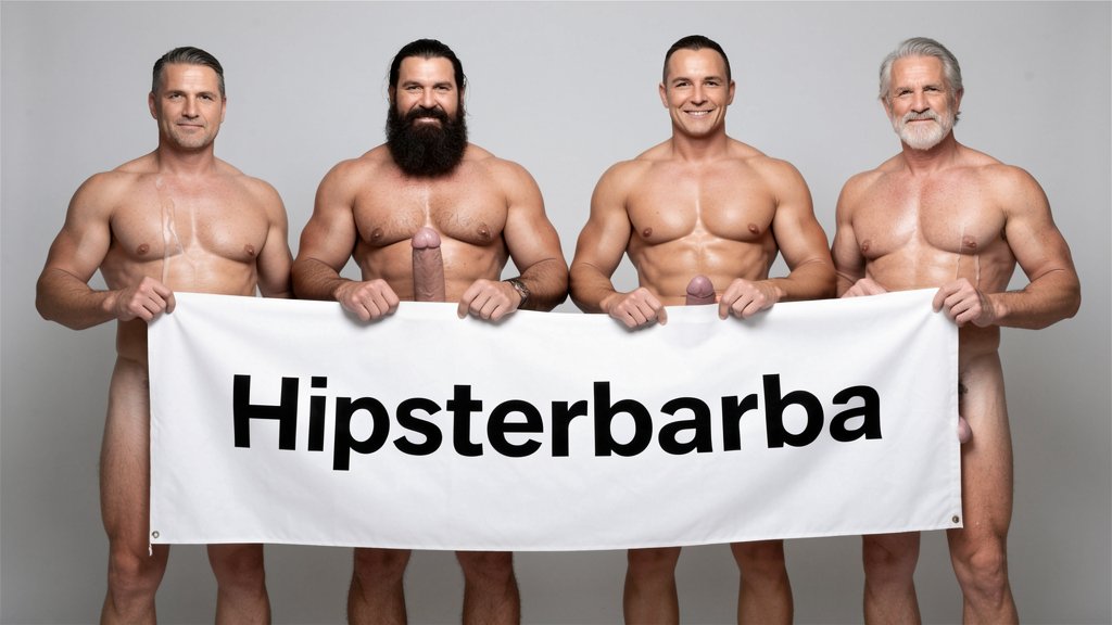 Four naked muscular men holding banner text Hipsterbarba ¿me amas? ultra high quality 8K photorealistic: El Comandante Spanish military leader 45 years short gray hair stern commanding face muscular trained body 185cm 85kg standing far left holding left edge of banner with both hands completely naked massive erect uncircumcised penis 25cm thick veiny shaft visible below banner heavy balls alpha dominant stance, Soldado Bartolo Spanish soldier 35 years thick dark full beard short hair very hairy muscular chest arms legs groin 180cm 80kg standing center-left holding banner completely naked large erect uncircumcised penis 18cm thick visible hairy balls masculine hairy build playful smirk, Superman alien superhero 195cm 100kg perfect bronzed smooth hairless skin short black hair with characteristic curl bright blue eyes massive superhuman muscles standing center-right holding banner completely naked enormous erect penis 23cm steel hard thick shaft visible smooth heavy balls god-like physique confident smile, General Rodolfo Castaños 60 years short gray military hair thick gray mustache experienced muscular body 175cm 75kg standing far right holding right edge of banner completely naked thick erect penis 20cm visible mature heavy balls military bearing knowing expression, all four men standing in horizontal row full body visible head to feet holding between them large white fabric banner at chest level with bold black letters spelling Hipsterbarba ¿follamos? question mark clearly readable professional typography banner stretched tight all four erect penises balls completely visible below banner military office background professional studio lighting 8K photorealistic resolution masterpiece quality inviting expressions.