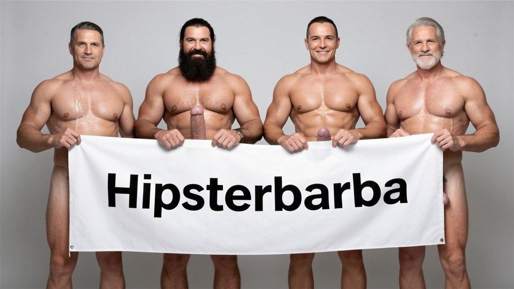 Four naked muscular men holding banner text Hipsterbarba ¿me amas? ultra high quality 8K photorealistic: El Comandante Spanish military leader 45 years short gray hair stern commanding face muscular trained body 185cm 85kg standing far left holding left edge of banner with both hands completely naked massive erect uncircumcised penis 25cm thick veiny shaft visible below banner heavy balls alpha dominant stance, Soldado Bartolo Spanish soldier 35 years thick dark full beard short hair very hairy muscular chest arms legs groin 180cm 80kg standing center-left holding banner completely naked large erect uncircumcised penis 18cm thick visible hairy balls masculine hairy build playful smirk, Superman alien superhero 195cm 100kg perfect bronzed smooth hairless skin short black hair with characteristic curl bright blue eyes massive superhuman muscles standing center-right holding banner completely naked enormous erect penis 23cm steel hard thick shaft visible smooth heavy balls god-like physique confident smile, General Rodolfo Castaños 60 years short gray military hair thick gray mustache experienced muscular body 175cm 75kg standing far right holding right edge of banner completely naked thick erect penis 20cm visible mature heavy balls military bearing knowing expression, all four men standing in horizontal row full body visible head to feet holding between them large white fabric banner at chest level with bold black letters spelling Hipsterbarba ¿follamos? question mark clearly readable professional typography banner stretched tight all four erect penises balls completely visible below banner military office background professional studio lighting 8K photorealistic resolution masterpiece quality inviting expressions.