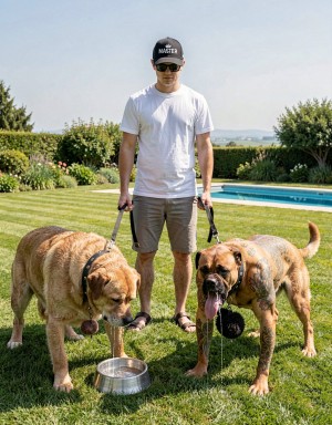A man in a white t-shirt, gray shorts, black cap and sunglasses is standing on a well-kept lawn, holding two large dogs by leashes next to a metal water bowl. On the left there is a mastiff-type dog with golden fur, wearing a black harness and with a ball hanging, leaning toward the drinking bowl; on the right, a sturdy tan dog with a black mask, harness and a black ball, pants with its tongue out and visible saliva. The setting is a wide, sunny garden with hedges, flowers, a blue pool in the background and open landscape under a clear sky.