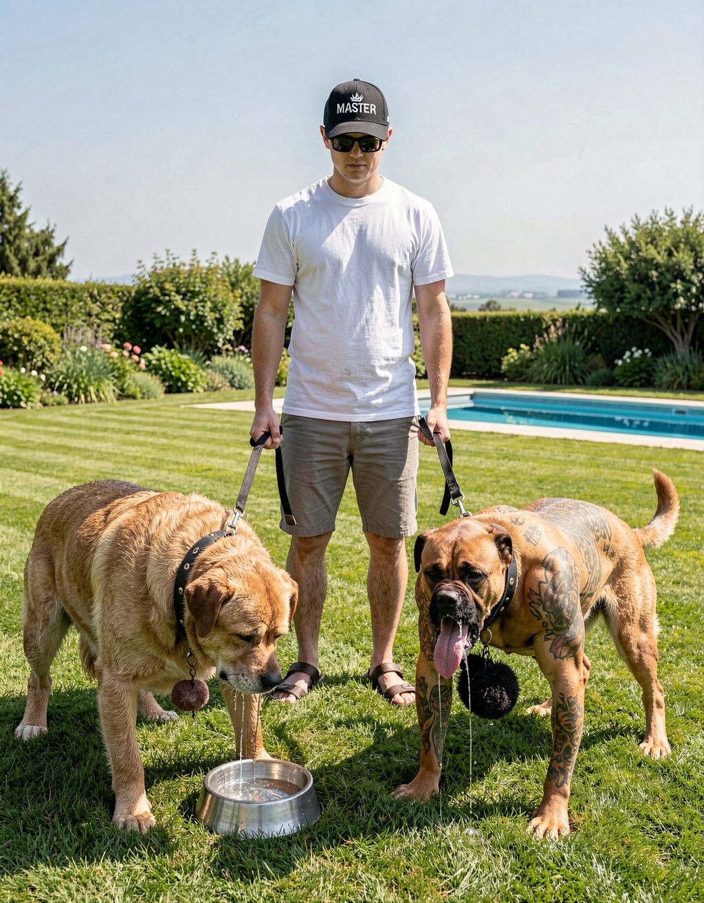 Un hombre con camiseta blanca, pantalones cortos grises, gorra negra y gafas de sol está de pie sobre un césped cuidado, sujetando con correas a dos perros grandes junto a un cuenco metálico de agua. A la izquierda hay un perro tipo mastín de pelaje dorado, con arnés negro y una pelota colgando, inclinado hacia el bebedero; a la derecha, un perro robusto de pelaje canela con máscara negra, arnés y una pelota negra, jadea con la lengua fuera y saliva visible. El entorno es un jardín amplio y soleado con setos, flores, piscina azul al fondo y paisaje abierto bajo un cielo despejado.
