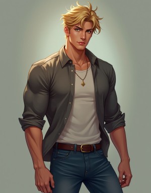 Joven de estilo ilustración digital con aspecto atractivo y atlético, pelo rubio despeinado con mechones voluminosos, mirada intensa y rasgos faciales definidos. Lleva una camisa gris oscuro desabrochada con las mangas remangadas, dejando ver una camiseta blanca ajustada debajo y una cadena dorada con colgante sobre el pecho. Su complexión musculosa destaca en los brazos y hombros, con postura segura y ligeramente frontal. Viste vaqueros azules ajustados con cinturón marrón y hebilla metálica, en una composición de cuerpo casi entero sobre fondo neutro verdoso, con iluminación suave que realza el estilo de retrato masculino, moda casual y estética de personaje de fantasía contemporánea.