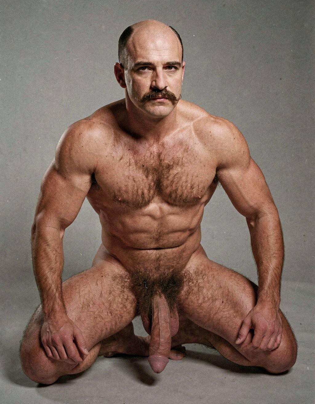 Un hombre desnudo, musculoso y con bigote espeso posa de rodillas sobre un fondo gris de estudio, mirando fijamente a la cámara con expresión seria. Tiene la cabeza calva en la parte superior, vello oscuro en los laterales, pecho abundante en pelo, abdomen marcado y brazos fuertes apoyados sobre los muslos. La postura abierta deja visibles los muslos velludos, el pubis, el pene flácido y los testículos, con una iluminación frontal suave que resalta la musculatura, la piel y la textura del vello corporal. La composición tiene un estilo de retrato físico directo, crudo y sobrio.