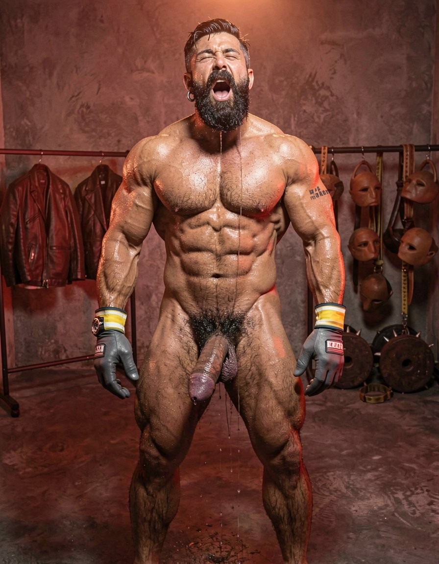 A 32-year-old ultra-muscular Greek vineyard worker named Dimitris stands completely naked except for his grey work gloves with yellow and white stripes in a dimly lit extreme fetish backroom in Santorini thick with the heavy scent of leather latex rubber and raw male sweat, captured in a perfect full vertical composition with flawless anatomy visible from the top of his head to his bare feet on the dark concrete floor. He possesses an extreme competition physique at 5% body fat with deep bronzed skin drenched in heavy sweat that mats down his dense black body hair covering his massive pecs sharply carved eight-pack abs obliques veiny traps shoulders thick arms powerful thighs and hairy ass. He has short jet-black hair with high faded sides, a thick long well-groomed black beard seamlessly joined to a dense mustache, silver hoop earring in his left ear and a small “hipsterbarba” tattoo on his right bicep. A very large thick curved black silicone prostate massager with an oversized bulbous head and wide base is buried deep inside his rectum pressing aggressively against his prostate while vibrating at maximum intensity causing his entire body to convulse. His head is thrown back with mouth open in a deep guttural moan eyes half-lidded in raw ecstasy every muscle in his torso back and legs tensed to the extreme with visible spasms across his abdomen and thighs as heavy strands of precum drip continuously from his thick veiny erect cock without being touched and his large hairy balls hang low and tight. Dramatic cinematic red and amber lighting from above and the side creates strong specular highlights on the wet glistening skin the glossy sweat-soaked black body hair and the shiny surface of the prostate toy base while carving deep dramatic shadows that accentuate every vein bulge contraction and contour of his hyper-muscular sweat-drenched frame. In the background faint racks of rubber suits pony masks enormous plugs and spiked harnesses are barely visible under the low intense lighting. Ultra-photorealistic narrative style heavy masculine atmosphere of extreme prostate milking intense involuntary pleasure convulsions and total fetish submission.