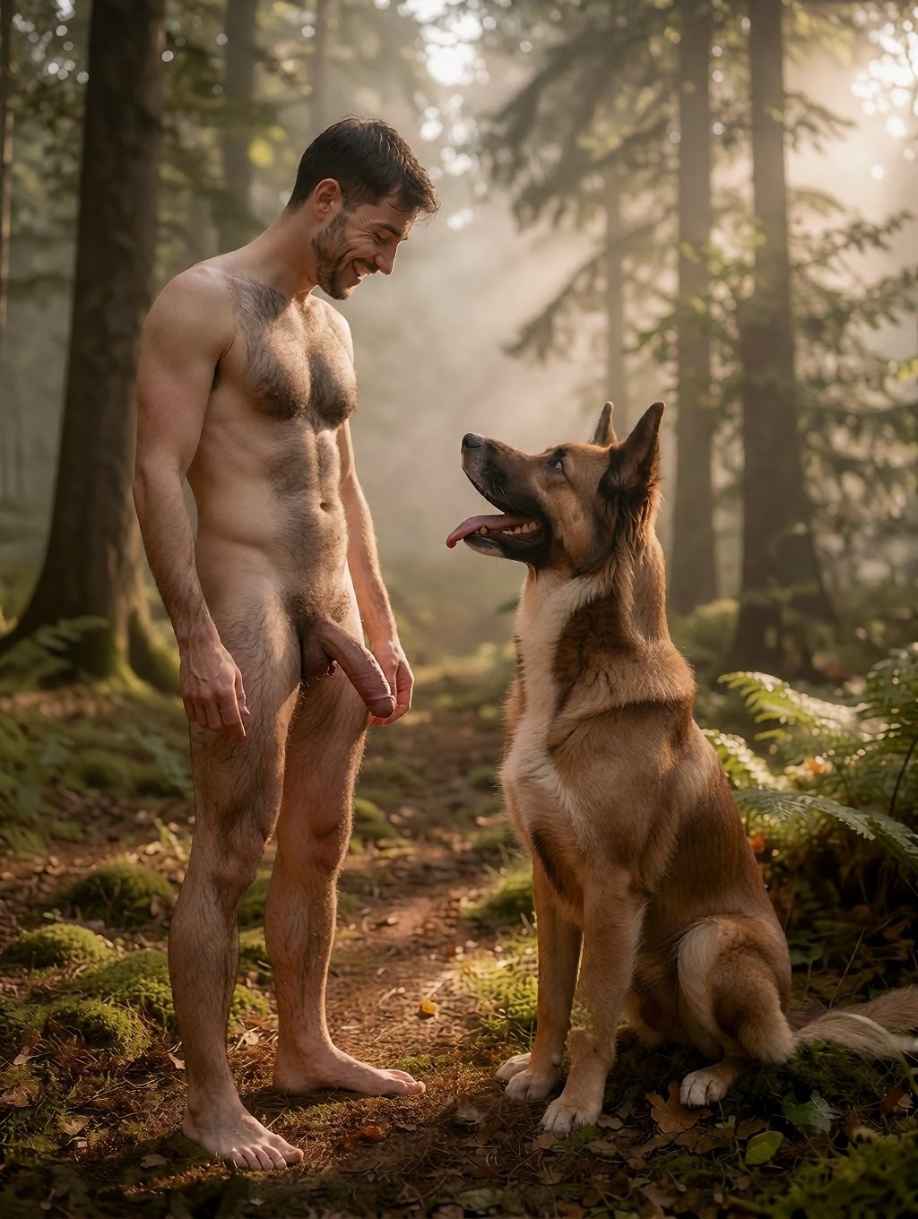 Un hombre desnudo permanece de pie en un bosque de coníferas, iluminado por una luz cálida que atraviesa los árboles y la niebla suave del fondo. Su cuerpo está completamente visible, con el pecho velludo, las piernas descubiertas y el pene a la vista, mientras mira con una sonrisa tranquila a un pastor alemán sentado frente a él. El perro, con las orejas erguidas y la lengua fuera, le devuelve la mirada con atención y confianza. El sendero de tierra, el musgo, los helechos y los troncos altos crean una escena natural, íntima y serena en plena naturaleza.