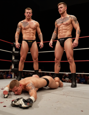 Dos luchadores de lucha libre muy musculosos y con varios tatuajes grandes están en el ring, de cuerpo entero y totalmente desnudos, se ven sus mallas en suelo que han perdido durante la lucha ,  los dos luchadores  muestran magulladuras en la cara y labio partido, un tercero ha quedado derrotado tumbado boca abajo  en el suelo y muestra su culo magullado, hay sangre sobre el ring