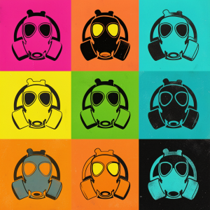 Graphic composition in pop art style with a grid of nine square panels, each with a gas mask drawn in thick lines and high contrast. The backgrounds alternate vibrant colors such as fuchsia pink, orange, turquoise, yellow, green, and black, while the masks appear in black, cyan, orange, or gray, with prominent side filters, oval lenses, and simple front respirator details. The repetition of the same icon creates a silkscreen effect like urban art, retro poster, or Warhol-inspired design, with a slightly worn texture and an industrial, striking, and symmetrical aesthetic.