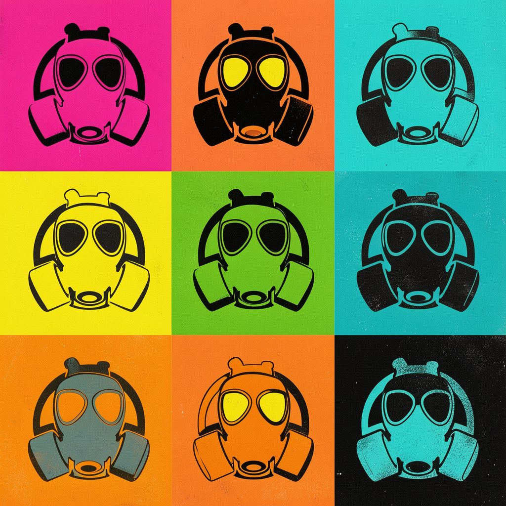 Graphic composition in pop art style with a grid of nine square panels, each with a gas mask drawn in thick lines and high contrast. The backgrounds alternate vibrant colors such as fuchsia pink, orange, turquoise, yellow, green, and black, while the masks appear in black, cyan, orange, or gray, with prominent side filters, oval lenses, and simple front respirator details. The repetition of the same icon creates a silkscreen effect like urban art, retro poster, or Warhol-inspired design, with a slightly worn texture and an industrial, striking, and symmetrical aesthetic.
