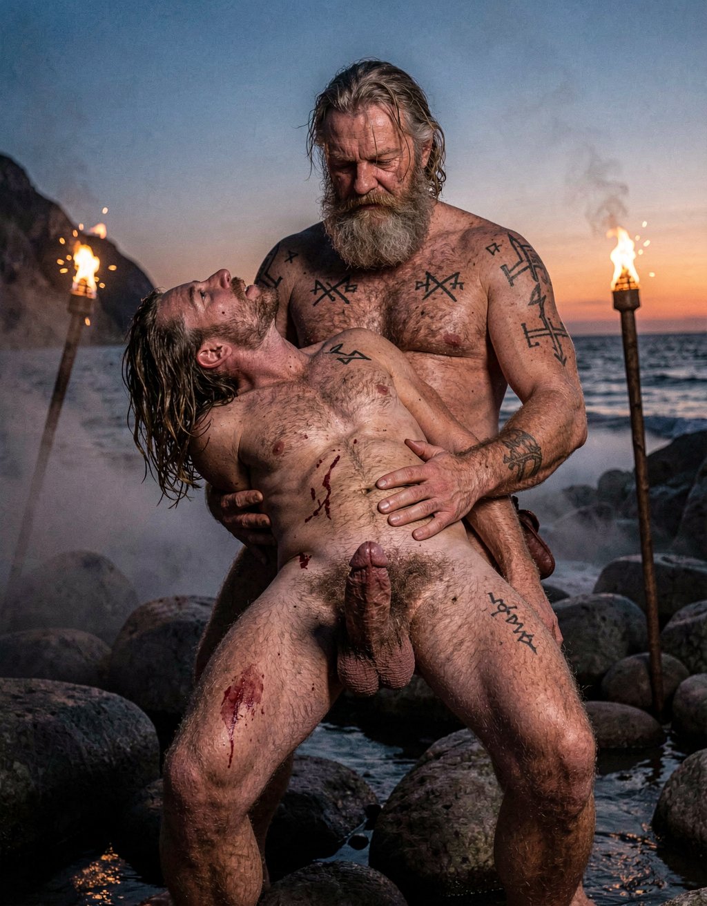 Amleth y Aurvandil.  Versión cinematográfica explícita de la imagen: Dos guerreros vikingos adultos de cuerpo entero se aferran en una pose ritual intensa sobre la orilla rocosa de un fiordo nórdico al anochecer, con el guerrero de 29 años delante arqueando la cabeza hacia atrás y el rey guerrero de 48 años sujetándolo por la cintura desde atrás. La niebla baja se arrastra entre piedras húmedas, antorchas reales lanzan chispas y humo ondulante, y la piel muestra poros, barro agrietado, sangre seca, cicatrices elevadas, tatuajes rúnicos oscuros, vello corporal, cabello enmarañado y barbas sucias. El contraluz crepuscular profundo dibuja un degradado de azul cobalto a naranja quemado, mientras una iluminación cinematográfica de tres puntos añade clave alta controlada y relleno lateral cálido sobre los torsos. La composición vertical 9:16 usa lente anamórfica de 40mm, grano analógico tipo Kodak Vision3 500T, contraste HDR con sombras profundas y altas luces contenidas, en un realismo brutal de saga nórdica.