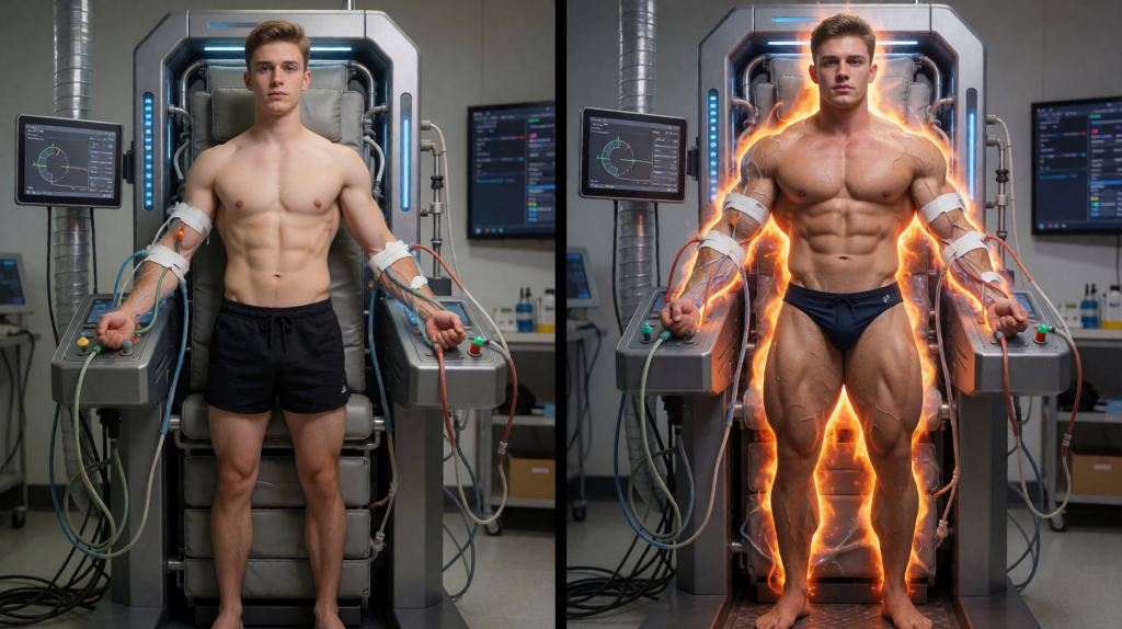Un hombre joven sin camiseta aparece de pie en un laboratorio futurista, conectado con electrodos y cables a una máquina médica o cámara tecnológica, en una composición comparativa de antes y después. A la izquierda tiene un físico atlético y definido, viste pantalón corto negro y mantiene los brazos ligeramente abiertos mientras los sensores están sujetos a sus antebrazos. A la derecha, el mismo hombre aparece transformado con una musculatura extrema y muy marcada, vistiendo solo un slip negro, rodeado por un resplandor naranja como energía eléctrica que recorre su cuerpo. El entorno incluye monitores con gráficos, paneles de control, tubos metálicos y equipamiento científico, creando una escena de experimento biotecnológico, aumento físico y estética de ciencia ficción.
