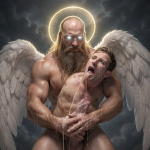 Extremely muscular 8-foot-tall God-like dominant male with perfect golden-tanned skin, long thick flowing beard, intense glowing white eyes, wearing only a glowing divine golden halo floating above his head, brutally fucking a young slim 19-year-old angel boy from behind, the angel has beautiful white feathered wings, smooth pale skin, innocent face with tears, mouth open in a moan, bent over and impaled on the God's massive thick forearm-sized veiny cock, God's huge hand gripping the angel's slim waist, powerful deep penetration, dramatic cinematic lighting, sweat dripping, intense domination and blasphemy scene, hyper-detailed muscular body, glowing divine cum leaking from the angel's stretched hole, epic dark heavenly atmosphere, fetish masterpiece.