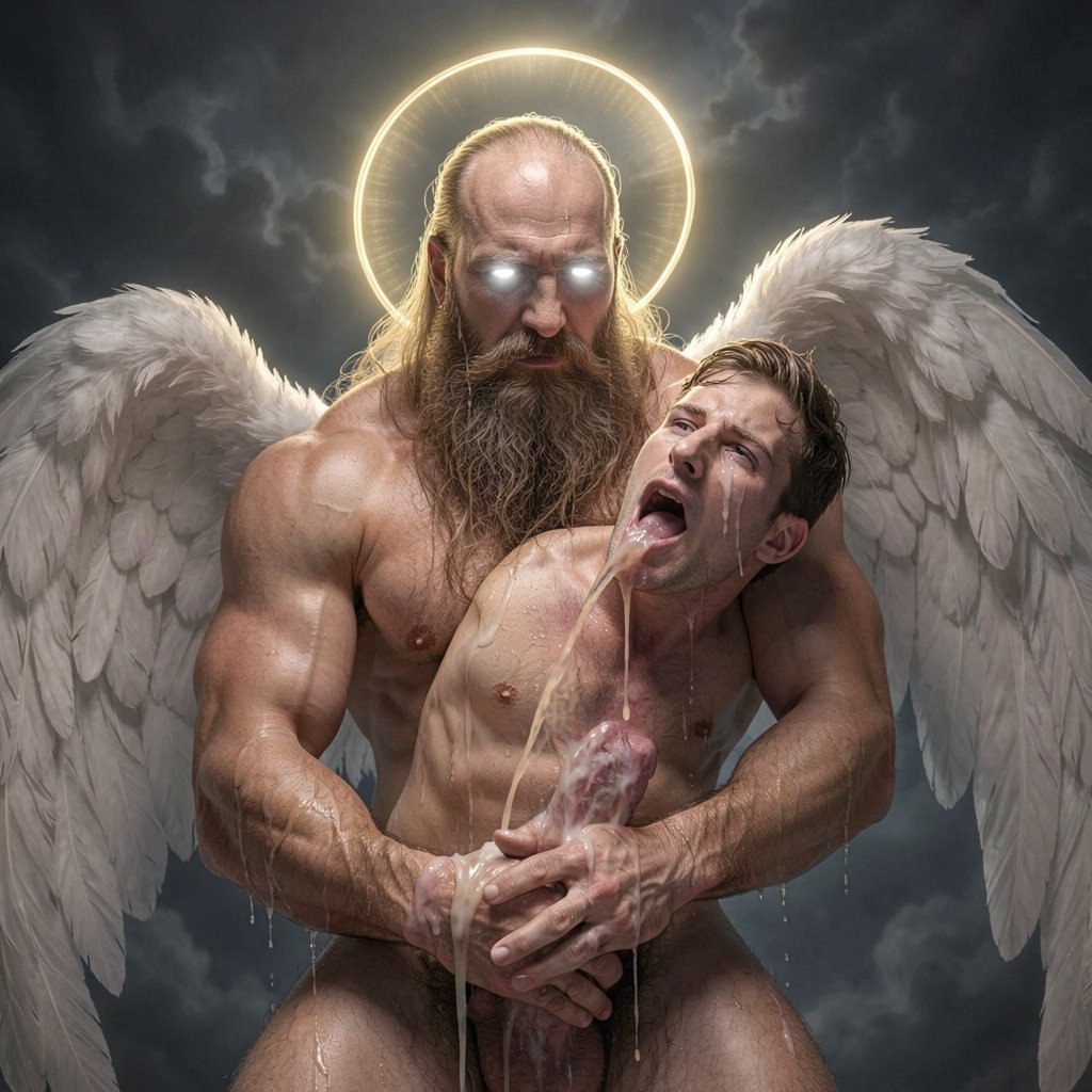 Extremely muscular 8-foot-tall God-like dominant male with perfect golden-tanned skin, long thick flowing beard, intense glowing white eyes, wearing only a glowing divine golden halo floating above his head, brutally fucking a young slim 19-year-old angel boy from behind, the angel has beautiful white feathered wings, smooth pale skin, innocent face with tears, mouth open in a moan, bent over and impaled on the God's massive thick forearm-sized veiny cock, God's huge hand gripping the angel's slim waist, powerful deep penetration, dramatic cinematic lighting, sweat dripping, intense domination and blasphemy scene, hyper-detailed muscular body, glowing divine cum leaking from the angel's stretched hole, epic dark heavenly atmosphere, fetish masterpiece.