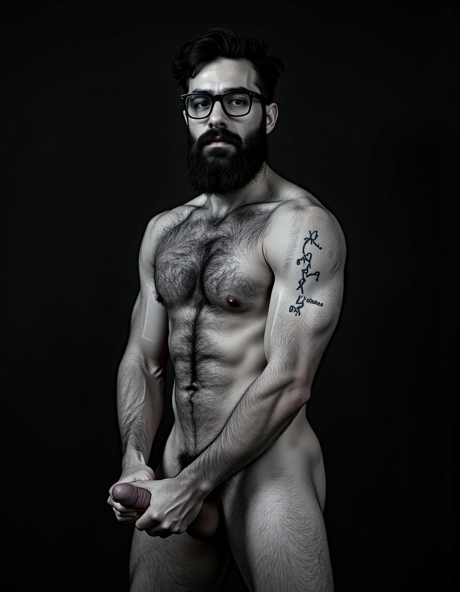 Fotografía hiperrealista en blanco y negro de un hombre adulto musculoso a la vista desde los pies hasta la cabeza, tiene cuerpo muy delgado con músculos marcados y definidos, rostro masculino, está totalmente desnudo con polla erecta de treinta centímetros de longitud y ocho centímetros de diámetro, tiene rasgos marcados duros expresivos, barba densa poblada tupida oscura estilo hipster cubriendo completamente mandíbula mentón mejillas con grosor uniforme textura abundante muy definida, bigote denso tupido oscuro conectado perfectamente con la barba completa cubriendo completamente el labio superior, pelo oscuro medio peinado completamente recto hacia arriba con volumen considerable estilo hipster moderno quiff puntas verticales texturizadas hacia el cielo con altura prominente, cejas gruesas oscuras pobladas muy marcadas definidas, gafas de montura completa negra cuadradas grandes estilo hipster moderno sobre el puente de la nariz enmarcando unos ojos oscuros intensos que miran directamente a cámara con expresión seria penetrante confiada, expresión facial seria masculina sin sonrisa con mirada directa desafiante, pómulos marcados definidos angulares, nariz recta proporcionada, labios medios apenas visibles completamente cubiertos por bigote denso que conecta con la barba hipster completa, torso desnudo muy musculoso con pectorales enormes desarrollados y definidos, hombros anchos musculosos deltoide prominentes, brazos musculosos marcados y bien definidos con bíceps y tríceps marcados visibles a ambos lados del cuerpo, abdomen tonificado marcado visible con cintura delgada marcada, piel con textura realista detallada poros imperfecciones sutiles, vello corporal denso oscuro abundante cubriendo pectorales abdomen brazos hombros con textura natural masculina muy visible. Tiene un  tatuaje en tinta negra en el bíceps del brazo derecho en tipografía negra sans-serif de tamaño mediano y proporcionado de forma clara y legible sobre la piel del bíceps del brazo derecho con las siguientes letras: hipsterbarba. Iluminación dramática lateral direccional que crea contraste alto marcado entre luces brillantes y sombras profundas resaltando la estructura facial angular la barba hipster densa las gafas cuadradas grandes el vello corporal abundante la musculatura del torso los brazos.  Tiene un  tatuaje en tinta negra en el bíceps del brazo derecho en tipografía negra sans-serif de tamaño mediano y proporcionado de forma clara y legible sobre la piel del bíceps del brazo derecho con las siguientes letras: hipsterbarba. Fondo completamente oscuro negro liso uniforme desenfocado sin distracciones, fotografía analógica en color de alto contraste con grano fotográfico sutil visible estilo retrato hipster masculino fitness, enfoque nítido absoluto perfecto en el rostro especialmente en los ojos detrás de las gafas la barba hipster densa el bigote tupido el pelo vertical el vello corporal el torso con músculos muy marcados y muy definidos. Tiene un  tatuaje en tinta negra en el bíceps del brazo derecho en tipografía negra sans-serif de tamaño mediano y proporcionado de forma clara y legible sobre la piel del bíceps del brazo derecho con las siguientes letras: hipsterbarba. Imagen con encuadre vertical desde los pies hasta la cabeza mostrando los pies desnudos las piernas peludas el pene erecto los testículos colgando con su escroto bajo todo el torso peludo los brazos musculosos peludos y la cabeza con pelo oscuro medio peinado completamente recto hacia arriba con volumen considerable estilo hipster moderno quiff puntas verticales texturizadas hacia el cielo con altura prominente, calidad fotográfica hiperrealista 8K máxima definición detalle extremo, renderizado cinematográfico fotorrealista profesional. Tiene un  tatuaje de tinta negra en el bíceps del brazo derecho en tipografía negra sans-serif de tamaño mediano de forma clara y legible sobre la piel del bíceps del brazo derecho con las siguientes letras: hipsterbarba