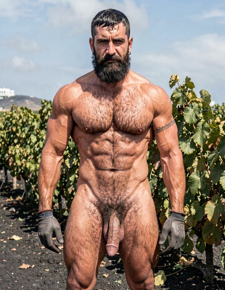 A powerful full-body frontal shot of Dimitris standing tall and imposing in the volcanic vineyards of Santorini under bright Mediterranean sunlight. He is completely naked except for his work gloves, his massively muscular body covered in thick, dense black hair from chest to pubis and down his powerful thighs. He has a high-and-tight fade haircut with short, dense, slightly wavy jet-black hair on top, a long thick well-groomed black beard that connects seamlessly to his mustache giving him a wild yet controlled look, thick dark eyebrows, heavy-lidded predatory eyes looking straight at the viewer, strong straight nose, square jaw, and a small silver hoop earring in his left ear. His neck is thick and veiny, deltoids and traps hugely developed, massive meaty pecs with a deep hairy cleavage and small dark erect nipples. His eight-pack abs are sharply defined yet realistic under a continuous thick layer of black curly hair that swirls around his navel and becomes denser downward, with pronounced obliques forming a sharp V pointing to his crotch. A small anatomical tattoo on his right biceps reads “hipsterbarba” in elegant small letters. His arms are thick, veiny and hairy, hands strong in work gloves. His waist is narrow creating a perfect V-taper, powerful hips, round hard hairy glutes. His cock is thick, long, heavy and veiny, hanging down with the foreskin partially covering the pink fleshy glans, balls large, low-hanging and extremely hairy in a wrinkled dark scrotum. Massive tear-drop quadriceps, thick adductors, developed hamstrings and hard defined calves all covered in dense black hair that thins at the knees and thickens again at the calves. The background shows lush green Assyrtiko vines growing in dark volcanic soil under a bright Santorini sky, intense natural sunlight creating strong highlights on his sweaty, tanned skin and casting realistic shadows that emphasize every muscle and every hair. Photorealistic, highly detailed, cinematic natural lighting, raw masculine power.