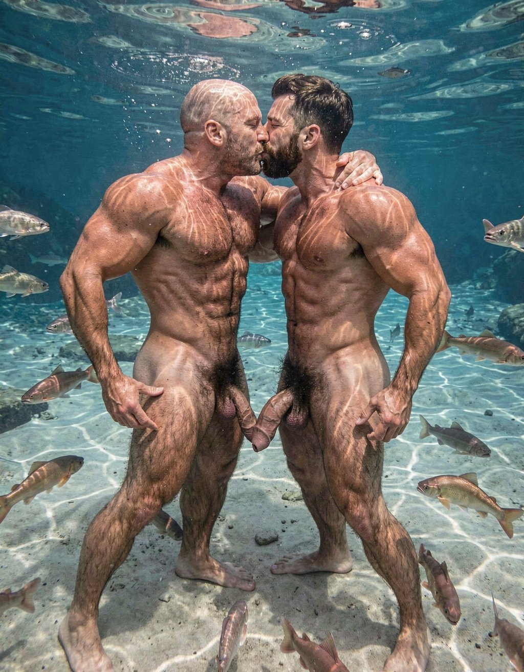 Alden y Ciro.

Full body wide shot underwater in a crystal clear flowing river. Two extremely muscular, heavily hairy naked men kissing passionately, mouths locked in a deep kiss, tongues intertwined, bubbles escaping. Alden, 35, completely bald, 178 cm tall with a lean defined physique at 9% body fat, wraps his arms around Ciro's neck, eyes closed in ecstasy. Both of Alden's legs are fully visible from hips to feet, his powerful thighs and calves visibly tensed and contracted, toes curled, every muscle fiber defined as he leans into Ciro. Ciro, 41, with short dark brown hair and a short trimmed beard floating in the current, 180 cm tall with a dense muscular body at 7.5% body fat, holds Alden tight around the waist. Both of Ciro's legs are also fully visible from hips to feet, his own powerful thighs and calves tensed as he presses his body toward Alden, his feet planted on the riverbed. Their bodies are pressed from chest to groin, dense dark chest and abdominal hair mingling. Between their furry bellies, their two fully erect penises are positioned extremely close together but separated by just 1 millimeter — Alden's massive 24 cm long, 28 cm girth cock hovering a hair's breadth away from Ciro's 22 cm thick cock, both shafts in full view, both glans facing each other, the tiny gap between them clearly visible, both cocks fully erect and pointing slightly upward, almost touching but not quite, the anticipation palpable. Full body composition showing all four legs, both cocks close but not touching, entire figures from head to toe. Salmon swim in a circle around them. Sunlight streams from above creating light patterns on bronzed wet skin. Photorealistic, UHD, 16:9, extreme detail in all four legs, both erect cocks extremely close with 1mm separation, full body frame, underwater musculature, wet body hair texture, salmon circling, two muscular hairy men kissing passionately while their cocks hover a millimeter apart underwater in a complete full body shot.