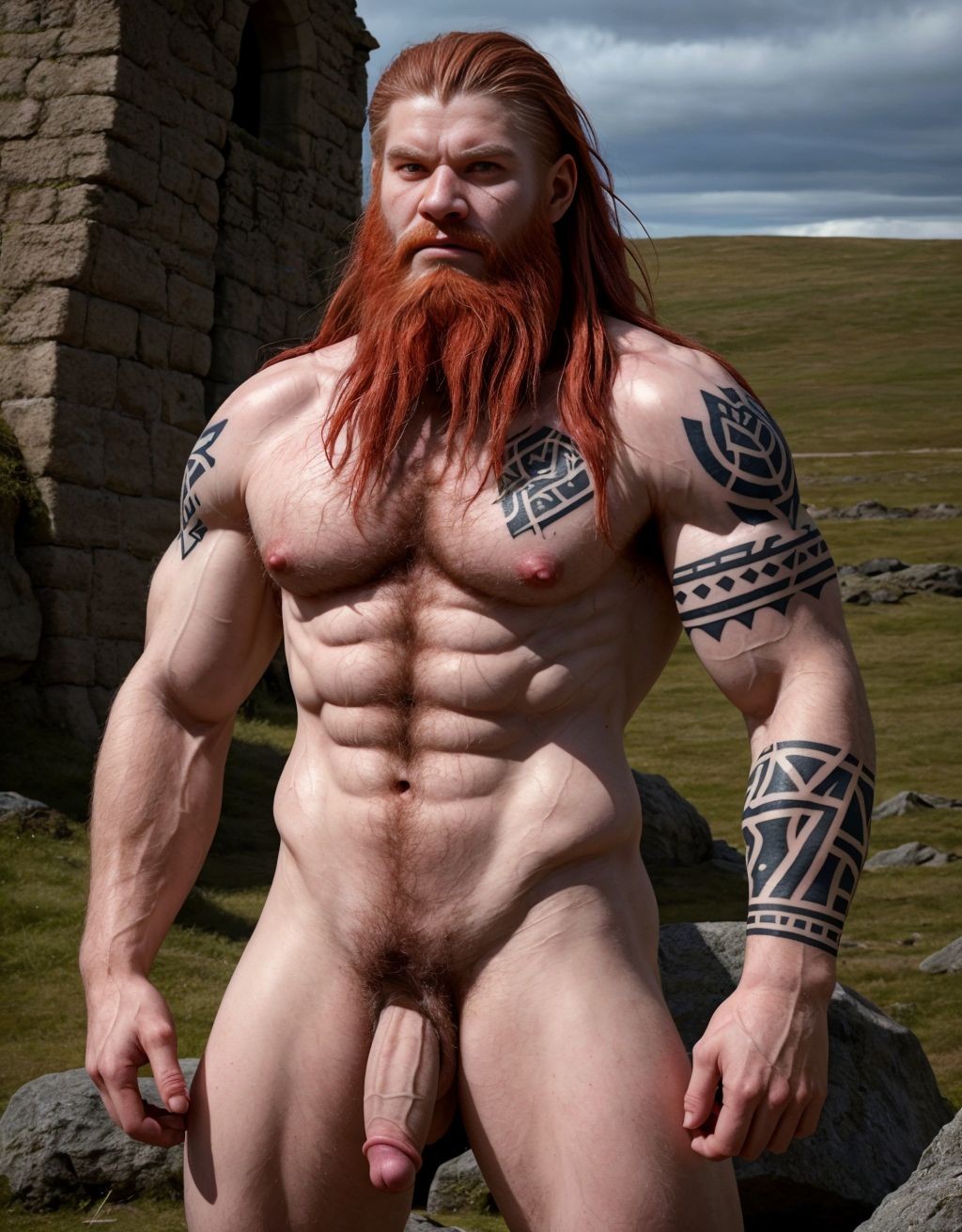 Guerrero nórdico de 20 años desnudo, de facciones hermosas, piel muy pálida, musculoso, cuerpo muy velludo, mostrando orgulloso su pene, tatuajes vikingos, barba larga, cabello rojizo, fondo de batalla medieval, armadura rota, mirada desafiante, piel sudorosa, anatomía detallada.