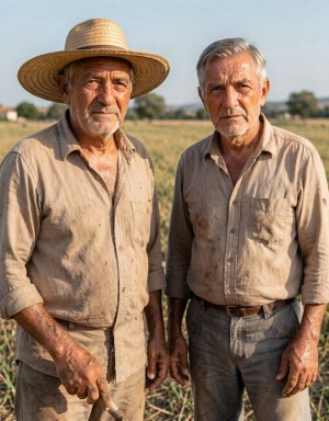 Dos hombres mayores posan de pie en un campo de cultivo bajo la luz cálida del sol, con expresión seria y aspecto curtido por el trabajo agrícola. El hombre de la izquierda lleva un sombrero de paja de ala ancha, camisa beige manchada y pantalones desgastados, sosteniendo una pequeña herramienta o pieza metálica en la mano; su ropa polvorienta y sus brazos marcados sugieren una jornada de labor en el campo. El hombre de la derecha, con el pelo gris peinado hacia un lado, viste una camisa clara arremangada, vaqueros y cinturón, también con manchas de tierra. Al fondo se extiende una zona rural con plantas bajas, horizonte despejado, árboles lejanos y cielo azul, transmitiendo un ambiente de agricultura tradicional, campesinos, trabajo manual y vida rural.