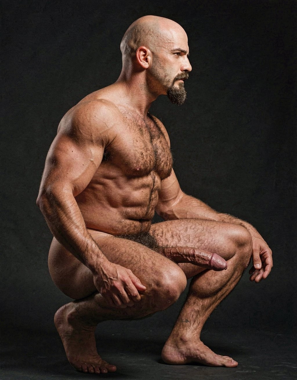 Naked man, bald and with a dark beard, posing in a squat in profile against a black studio background, with side lighting that highlights his defined musculature, hairy torso, defined abs, strong arms, and bent legs. His expression is serious and focused, looking to the right, while he rests his hands near his knees and maintains a stable posture on bare feet. The body appears completely exposed, with abundant body hair and the penis visible between the thighs, in a sober, artistic photographic composition focused on male anatomy, physical strength, and nude portraiture.