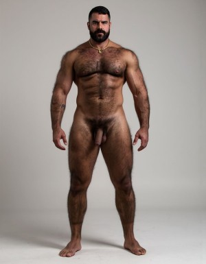PEDRO de cuerpo entero 8K de hombre mediterráneo muy masculino y muy delgado pero con músculos marcados y definidos y está de pie, textura de piel natural híper realista, cara geométrica brutal con mandíbula cuadrada pesada, pómulos altos anchos, barbilla prominente con hoyuelo, ojos oscuros marrones profundos hundidos con cejas gruesas densas, nariz grande puente ancho recto forma griega, bigote morsa negro denso espeso cayendo en extremos cubriendo labio superior completamente, pelo negro rizado voluminoso desordenado, cuello grueso de toro con nuez prominente, pecho ancho cubierto vello negro rizado denso, pectorales voluminosos definidos con surco central profundo, cadena dorada colgando en surco pectoral, pezones oscuros marrón rojizo areolas anchas, abdominales six-pack marcados, vello corporal abundante formando trail oscuro vertical desde pecho hasta entrepierna, brazos musculosos gruesos con venas marcadas deltoides prominentes bíceps grandes tríceps herradura cubiertos vello negro, manos grandes dedos gruesos nudillos prominentes pelo dorso manos, piernas musculosas cuádriceps voluminosos muslos gruesos cubiertos vello negro denso rodillas huesudas pantorrillas gemelos forma diamante, pies grandes anchos pelo empeine, polla erecta treinta centímetros gruesa ocho centímetros diámetro color marrón oscuro curvada arriba venas dorsales marcadas prepucio largo glande ancho rojizo apuntando hacia arriba, huevos grandes colgando bajos escroto oscuro arrugado tamaño huevos gallina XL, piel aceitunada bronceada mediterránea, iluminación natural realista, fotorrealista, híper detallado, desnudo completo. Los pies están desnudos. Polla erecta dura hacia arriba. Las pantorrillas están a la vista y son muy peludas.