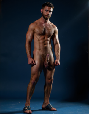 Rodrigo. Hombre musculoso de 30 años, pelo oscuro corto, barba recortada, con cara con expresión de rabia y humillación en el rostro, ojos entrecerrados de dolor y furia, mandíbula apretada, cuerpo muy delgado desnudo con músculos muy definidos, pectorales y abdominales muy marcados, piel bronceada con sudor, brazos musculosos tensos, manos apretadas en puños, tiene pene de 35cm de longitud y 9cm de diámetro erecto y en tensión, cuerpo en posición sumisa forzada, iluminación dramática lateral, fondo azul ultramar, ambiente oscuro. Una de sus manos rodea su pene masturbando. Tiene sandalias azul ultramar en sus pies.