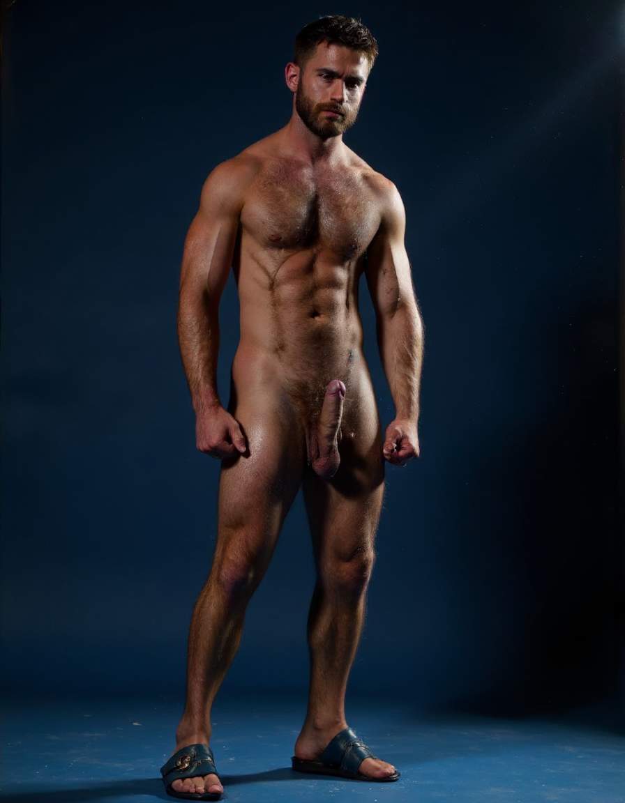 Rodrigo. Hombre musculoso de 30 años, pelo oscuro corto, barba recortada, con cara con expresión de rabia y humillación en el rostro, ojos entrecerrados de dolor y furia, mandíbula apretada, cuerpo muy delgado desnudo con músculos muy definidos, pectorales y abdominales muy marcados, piel bronceada con sudor, brazos musculosos tensos, manos apretadas en puños, tiene pene de 35cm de longitud y 9cm de diámetro erecto y en tensión, cuerpo en posición sumisa forzada, iluminación dramática lateral, fondo azul ultramar, ambiente oscuro. Una de sus manos rodea su pene masturbando. Tiene sandalias azul ultramar en sus pies.