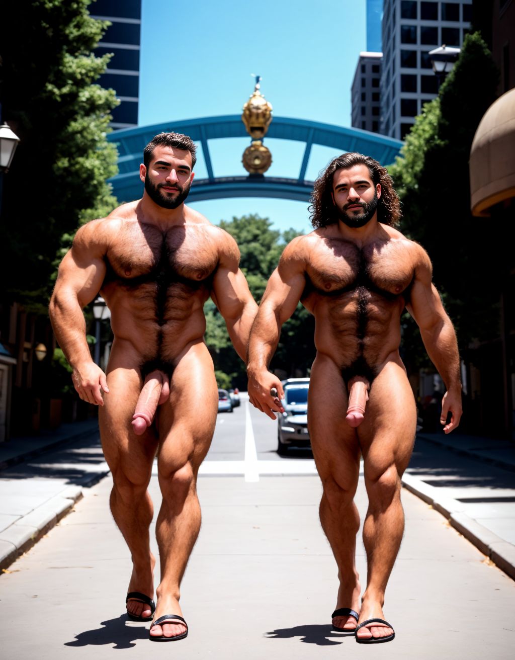 Dos hombres jóvenes desnudos musculosos y fibrosos. Tiene pene grande. Están andando por la calle. Tienen sandalias en los pies. El pene y los testículos se mueven al aire al andar. El enorme pene se dobla hacia el lado al ritmo del andar. Los testículos botan contra los muslos al andar moviéndose hacia afuera. Las manos tocan y acarician su propio pene. Tienen mucho pelo vello en el pecho. Tienen los pelos muy rizados y largos. El pelo es vaporoso y se mueve con el aire hacia adelante. 200 vello