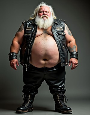 Un abuelo obeso de 65 años, con barba blanca despeinada y cabello largo blanco desordenado cayendo sobre su frente, vistiendo un chaleco de cuero negro con tachas de metal brillantes y mangas cortas, que deja al descubierto su torso peludo y sudoroso, con un pecho velludo y una gran barriga prominente que se extiende por debajo del chaleco, lleva pantalones de cuero negro ajustados y botas de cuero heavy metal abuelo pene pequeño y gordo,testiculos gordos