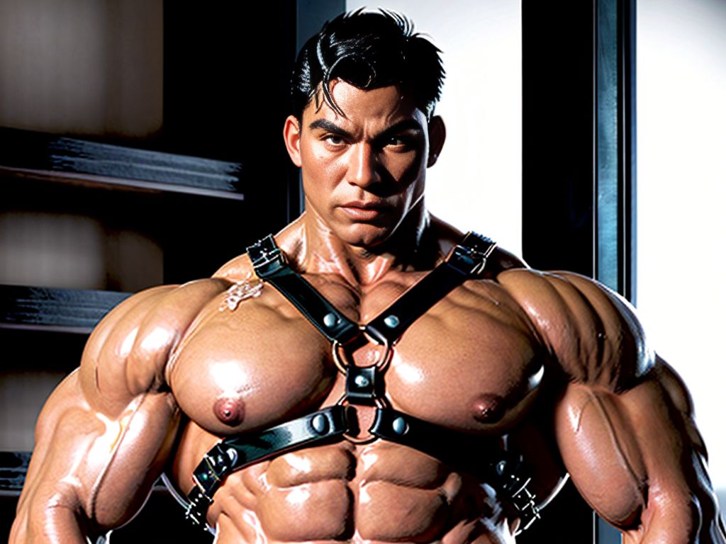 A muscular man wearing a leather harness, his body glistening under the dim lights of a private room, showcasing his strong physique. His cheeks are flushed, and his expression is one of pleasure as he revels in the moment, with traces of fluid glistening on his skin, emphasizing the intensity of the experience. The atmosphere is charged with desire, creating an evocative scene filled with raw sensuality.