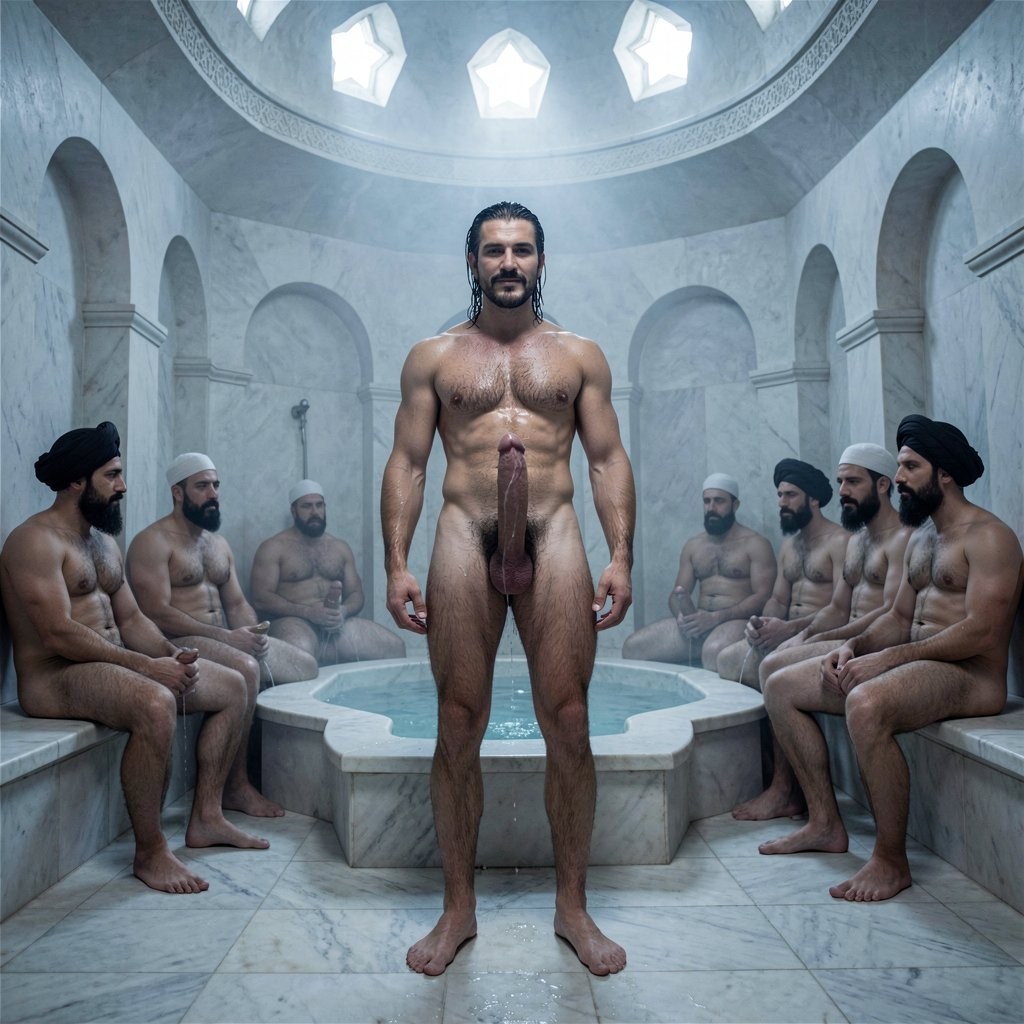 A naked man stands in the center of a marble hammam or Turkish bath, with a wet body, muscular torso, visible body hair and exposed penis, looking straight ahead with a serene expression. On both sides, several men also naked or semi-naked, some with turbans or traditional caps and beards, are seated on stone benches around a small central pool. The room has arches, light marble walls, ambient steam and a dome with skylights that let in cold overhead light, creating a ceremonial, intimate and symmetrical atmosphere inside a traditional spa.