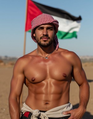 Hombre musculoso y sin camiseta posando al aire libre en un paisaje desértico, con el torso bronceado y definido iluminado por el sol, abdomen marcado, brazos fuertes y expresión seria mirando directamente a la cámara. Lleva un pañuelo kufiya rojo y blanco sobre la cabeza, una cadena fina con colgante en el cuello y una prenda clara anudada a la cintura, mientras apoya una mano en la cadera. Al fondo ondea desenfocada una bandera palestina con franjas negra, blanca y verde y triángulo rojo, destacando sobre el cielo azul y la arena del entorno árido.