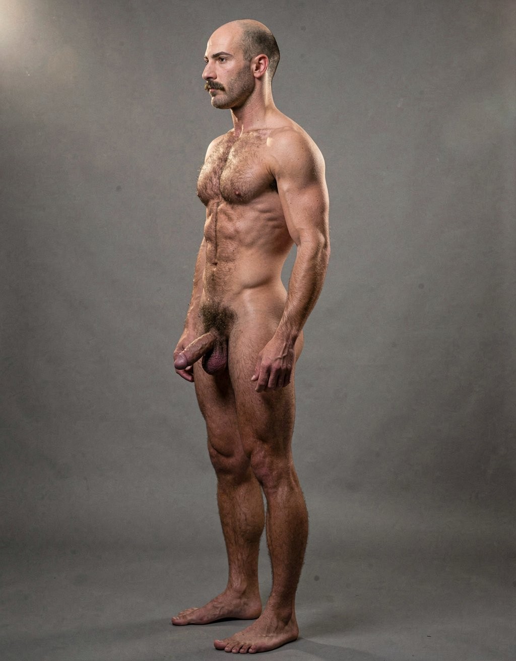 Mike Morris, a 32-year-old extremely lean Caucasian male with only 8% body fat, stands completely naked in a strict military attention pose captured in a full-body exact side profile at 90 degrees from his left side. The shot runs from the tips of his size 44 slightly hairy feet all the way up to the top of his bald head, showing his entire body without any cropping. His physique is dry, highly vascular and powerfully defined: massive square pectorals seen in perfect side silhouette, dense dark brown chest hair forming a thick T-pattern, sharply carved six-pack abs in clear profile, narrow waist, wide lats, powerful thighs and diamond-shaped calves. Dramatic directional studio lighting comes from high and slightly in front of him, creating strong rim lighting that traces the sharp outline of his entire body, the texture of his dense dark body hair on chest, lower back, ass and legs, and deep shadows that accentuate every muscle separation, vein and the extreme dryness of his 8% body fat physique. His advanced Norwood III-IV bald scalp shines under the light, with short dense dark brown hair on the sides and back of his head. His square angular face is shown in pure profile: strong jawline, prominent chin with slight central dimple, thick dark handlebar mustache, heavy brow and intense deep-set brown eye looking straight forward with a serious, commanding expression. His penis is fully visible in perfect side view, completely natural and realistic: thick, 24 cm long when fully erect, with a natural slight upward curve, prominent dorsal veins, long foreskin partially covering the pink-red glans, and realistic lighter skin tone. Below it hang his large, low-hanging testicles with wrinkled darker skin and dense dark brown hair. The extremely thick, curly dark brown pubic bush climbs almost to his navel and surrounds the base of his cock and balls generously. Every anatomical detail from his veined hands and forearms to his muscular ass, hamstrings, diamond calves and hairy toes is perfectly proportioned and free of any deformation. Photorealistic, high-contrast, masculine 1970s Colt Studio aesthetic with subtle grainy film texture.