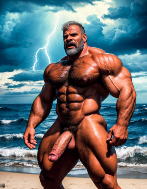 Neptuno es dios de los mares, las tempestades y los vientos. Es un dios malhumorado y violento. Está desnudo. Tiene un pene grande y largo y erecto. Tiene mucho vello. Está llamando a gritos a los monstruos del océano. Está andando sobre la arena de la playa.