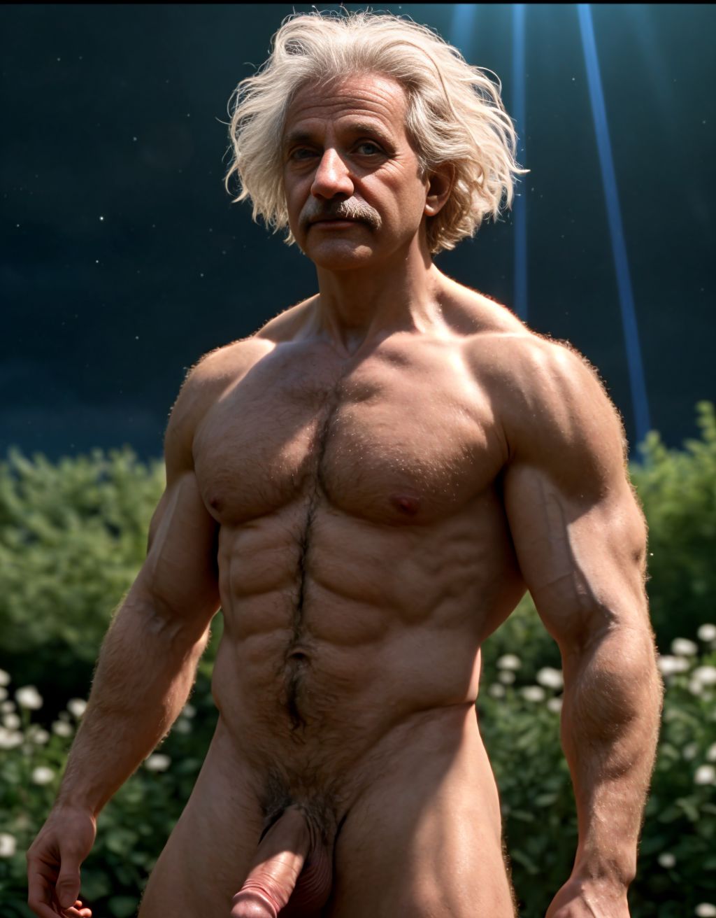 Albert Einstein, científico alemán. Está totalmente desnudo musculoso con pene grande y testículos grandes. Tiene mucho vello en el pecho brazos y piernas. Musculoso. Foto muy realista texturas 8k. Rodeado de electricidad rayos y de estrellas y sol reluciente que ilumina la cara y todo el cuerpo.