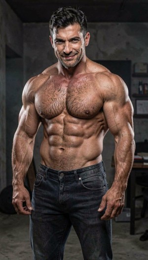 Hombre musculoso sin camiseta, de pie en un entorno industrial oscuro tipo gimnasio o taller, con iluminación dramática que resalta un torso muy definido, pectorales velludos, abdominales marcados, hombros anchos y brazos vascularizados. Lleva vaqueros oscuros ajustados y mantiene una postura firme y frontal, con las manos relajadas a los lados y una expresión segura, ligeramente desafiante, mirando directamente a la cámara. El fondo desenfocado, con paredes de hormigón, estanterías y objetos de entrenamiento, refuerza una estética intensa de fuerza física, culturismo, entrenamiento de alto rendimiento y retrato masculino atlético.