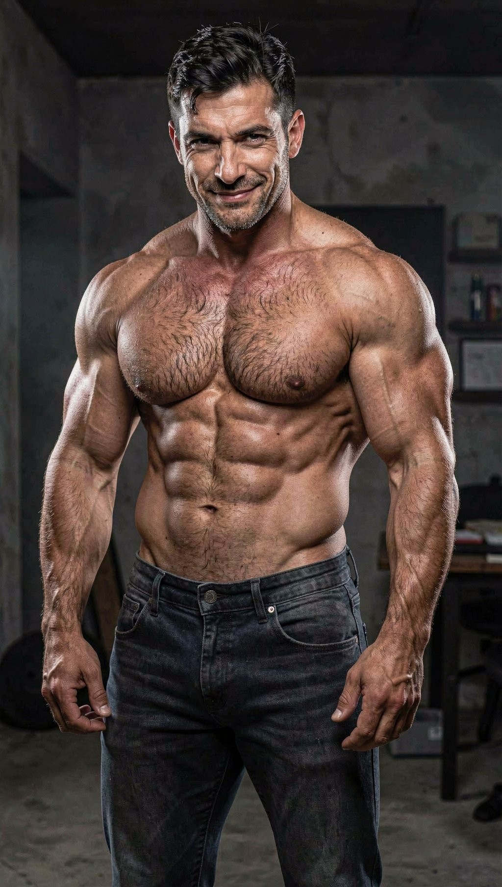 Muscular shirtless man, standing in a dark industrial environment like a gym or workshop, with dramatic lighting that highlights a very defined torso, hairy pectorals, marked abdominals, broad shoulders and vascularized arms. He wears tight dark jeans and maintains a firm, frontal posture, with relaxed hands at his sides and a confident, slightly defiant expression, looking directly at the camera. The blurred background, with concrete walls, shelving and training objects, reinforces an intense aesthetic of physical strength, bodybuilding, high-performance training and athletic male portrait.