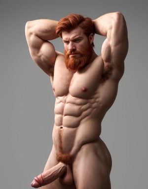 Hombre caucásico de 1,9 metros, piel clara, cabello rojizo lacio, barba incipiente, expresión de desprecio, vello corporal rojizo, sixpack visible, pene y testículos visibles, manos detrás de la cabeza, trapecios y deltoides marcados, fondo gris degradado. Músculos desarrollados, hombros prominentes, solo un pene visible. En la imagen se lo ve de pies a cabeza