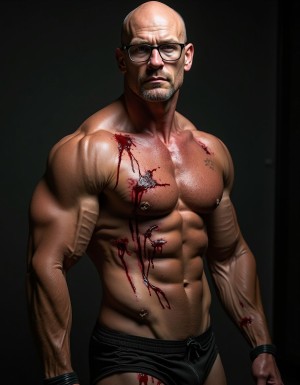 Hombre musculoso de unos 40 años, desnudo, sín polla y completamente calvo, con gafas, cubierto de sudor que resalta su definición muscular. Tiene varios cortes y moretones en el torso y los brazos, con sangre fresca que mana de algunas heridas, lo que le da un aspecto intenso y dramático. A pesar de las heridas el hombre se muestra confiado y orgulloso, enseñando su cuerpo musculoso y atlético, con los músculos tensos y definidos, destacando su físico imponente. La iluminación es dramática, con sombras oscuras que resaltan su musculatura y la textura de su piel sudorosa, creando un ambiente intenso y provocativo. El fondo es oscuro y neutro, lo que permite que el hombre sea el centro de atención, destacando su presencia y su actitud desafiante. La imagen es hiperrealista, con detalles precisos y una calidad fotográfica alta, lo que invita a explorar cada detalle de la escena.
