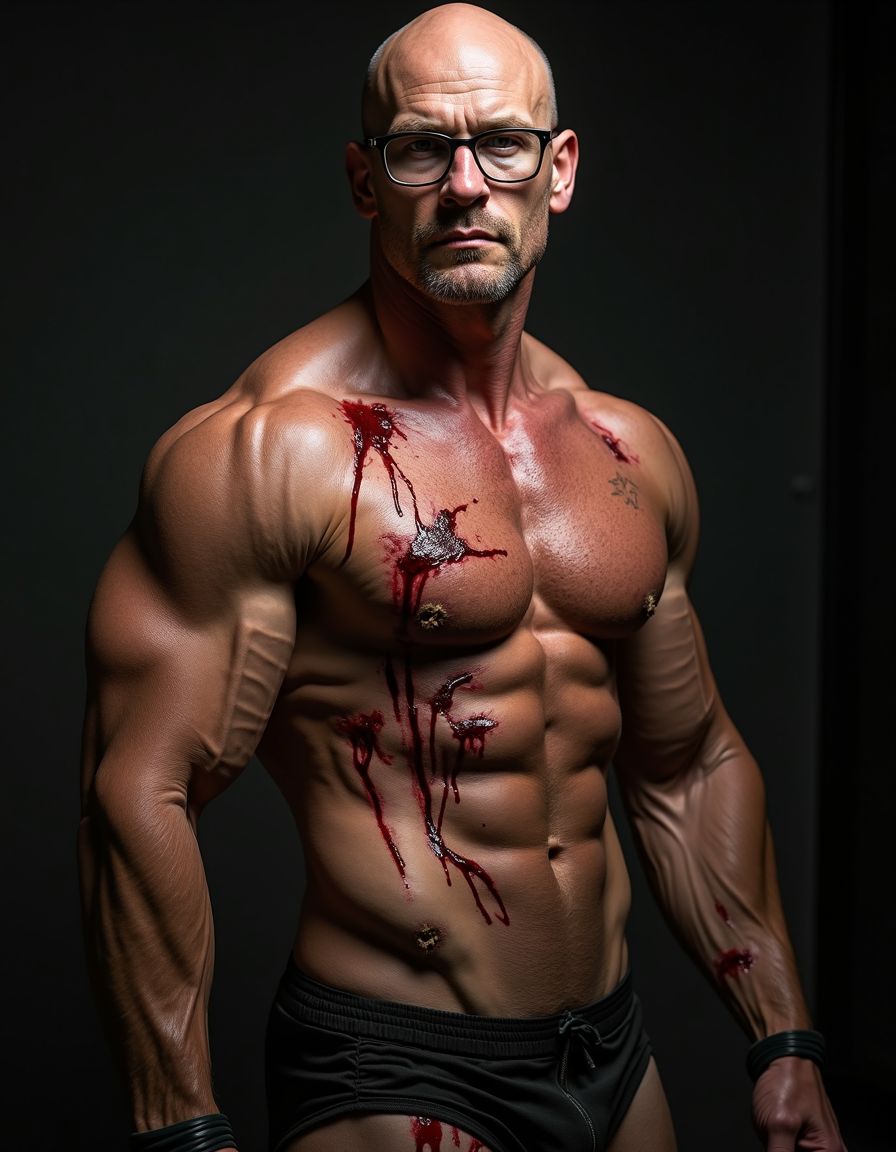 Hombre musculoso de unos 40 años, desnudo, sín polla y completamente calvo, con gafas, cubierto de sudor que resalta su definición muscular. Tiene varios cortes y moretones en el torso y los brazos, con sangre fresca que mana de algunas heridas, lo que le da un aspecto intenso y dramático. A pesar de las heridas el hombre se muestra confiado y orgulloso, enseñando su cuerpo musculoso y atlético, con los músculos tensos y definidos, destacando su físico imponente. La iluminación es dramática, con sombras oscuras que resaltan su musculatura y la textura de su piel sudorosa, creando un ambiente intenso y provocativo. El fondo es oscuro y neutro, lo que permite que el hombre sea el centro de atención, destacando su presencia y su actitud desafiante. La imagen es hiperrealista, con detalles precisos y una calidad fotográfica alta, lo que invita a explorar cada detalle de la escena.