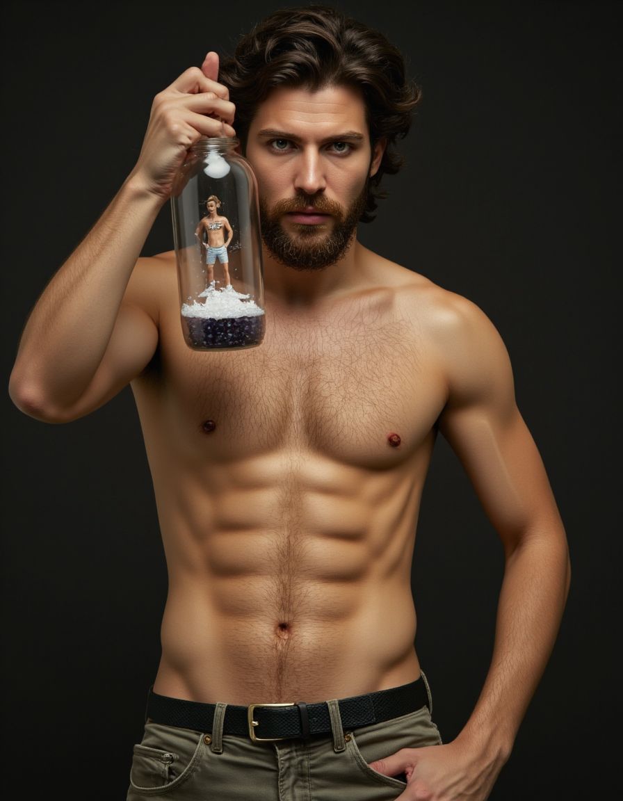 Macrofilia. Un gigante musculoso barbudo desnudo con rostro de loco y perverso mantiene en su mano un frasco de cristal con nieve parecido a los frascos de souvenir, dentro del frasco de cristal hay un hombre enano disecado con gorro y pantalón corto. 