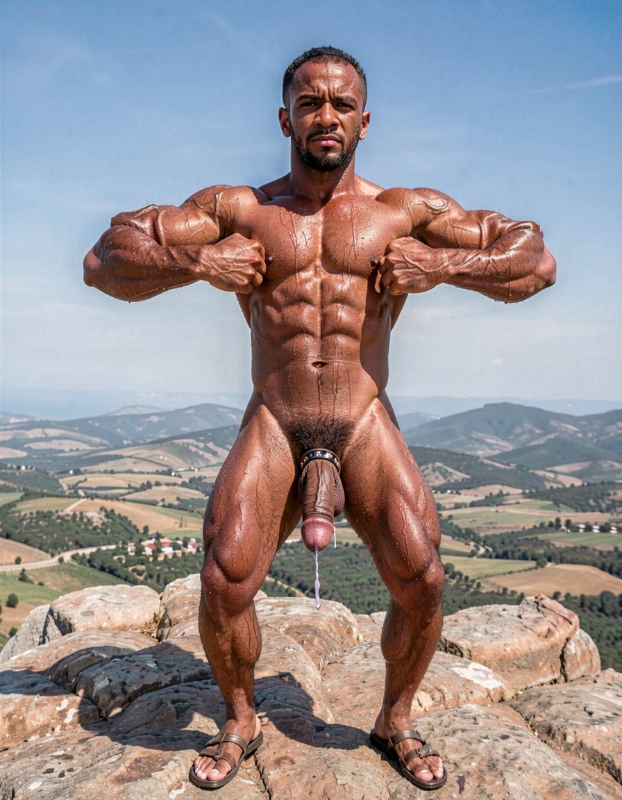 A hyper-masculine ancient Zapotec warrior named Cocijo, 26 years old, standing perfectly at attention under the brutal midday sun on the rocky summit of Cerro La Cantera in San Pablo Huitzo, Oaxaca, 600 AD. Completely naked except for worn leather strip sandals. Square jaw clenched, thick veiny neck, bronze skin drenched in sweat that makes every muscle shine. Extremely powerful and fully flexed physique: massive square pectorals tensed to the maximum, thick dark wet chest hair matted against the hard muscle, large erect nipples, deeply carved eight-pack abs glistening with sweat, thick black treasure trail running down to a dense dark pubic bush. Enormous veiny arms and shoulders flexed hard, biceps and triceps bulging like stone, thick hairy thighs and calves locked in full tension. His massive 35cm cock is rock-hard, pointing straight up against his abs, thick veins pulsing, the swollen head continuously leaking thick white precum that runs down the shaft and drips heavily from his tight balls. A thick black leather cock ring is locked brutally tight at the very base, behind his heavy balls, making the entire package look painfully swollen, darker and throbbing non-stop. Gayon Von Neumann’s hands are firmly gripping and squeezing his hairy, flexed pectorals. Cocijo stares straight ahead with total obedience, every muscle in his body still tensed and displayed for inspection. Raw, dominant, extremely virile ancient masculine atmosphere, dramatic sunlight casting strong shadows on every ridge of muscle, hyper-realistic and extremely detailed.