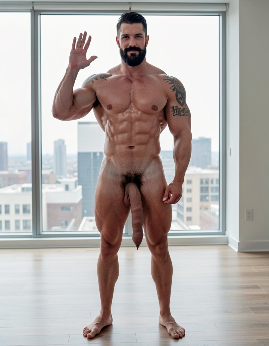 Photorealistic portrait full body shot indoor modern minimalist apartment background white walls large windows daylight natural lighting, extremely handsome masculine dominant man late 30s early 40s rugged alpha male appearance standing center frame confident powerful stance legs apart facing camera direct eye contact intimidating authoritative gaze, extremely muscular athletic professional bodybuilder physique massive shoulders wide back extreme V-taper narrow waist thick powerful legs eight-pack abs visible completely naked fully nude entire body visible head to feet, short dark hair perfectly styled masculine haircut thick dark stubble beard covering strong angular jaw chiseled masculine facial features piercing intense dark eyes looking directly at camera dominant expression slight arrogant smirk confident attitude, completely naked totally nude muscular body fully exposed massive defined pecs abs obliques Adonis belt visible muscular arms biceps triceps forearms thick muscular thighs quads hamstrings calves feet visible standing barefoot hardwood floor, huge thick long erect cock massive erection pointing upward enormous penis fully erect large thick shaft prominent glans meatus visible heavy hanging balls testicles visible between thick muscular thighs, small black ink tattoo right upper arm bicep brachial region curved text following anatomical muscle contour letters reading 
