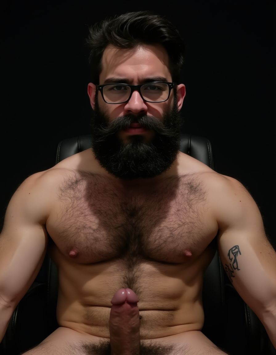 Fotografía hiperrealista de un hombre adulto musculoso a la vista desde las rodillas para arriba hasta la cabeza, rostro masculino idéntico a la imagen de referencia totalmente desnudo con polla erecta de treinta centímetros de longitud y ocho centímetros de diámetro, tiene rasgos marcados duros expresivos, barba densa poblada tupida oscura estilo hipster cubriendo completamente mandíbula mentón mejillas con grosor uniforme textura abundante muy definida, bigote denso tupido oscuro conectado perfectamente con la barba completa cubriendo completamente el labio superior, pelo oscuro medio peinado completamente recto hacia arriba con volumen considerable estilo hipster moderno quiff puntas verticales texturizadas hacia el cielo con altura prominente, cejas gruesas oscuras pobladas muy marcadas definidas, gafas de montura completa negra cuadradas grandes estilo hipster moderno sobre el puente de la nariz enmarcando unos ojos oscuros intensos que miran directamente a cámara con expresión seria penetrante confiada, expresión facial seria masculina sin sonrisa con mirada directa desafiante, pómulos marcados definidos angulares, nariz recta proporcionada, labios medios apenas visibles completamente cubiertos por bigote denso que conecta con la barba hipster completa, torso desnudo muy musculoso con pectorales enormes desarrollados y definidos y velludos peludos, hombros anchos musculosos deltoide prominentes, brazos musculosos con bíceps y tríceps marcados visibles a ambos lados del cuerpo, abdomen tonificado marcado visible desde la cintura, piel con textura realista detallada poros imperfecciones sutiles, vello corporal denso oscuro abundante cubriendo pectorales abdomen brazos hombros con textura natural masculina muy visible, tatuaje en tinta negra en el bíceps del brazo derecho con la palabra exacta a la vista: 