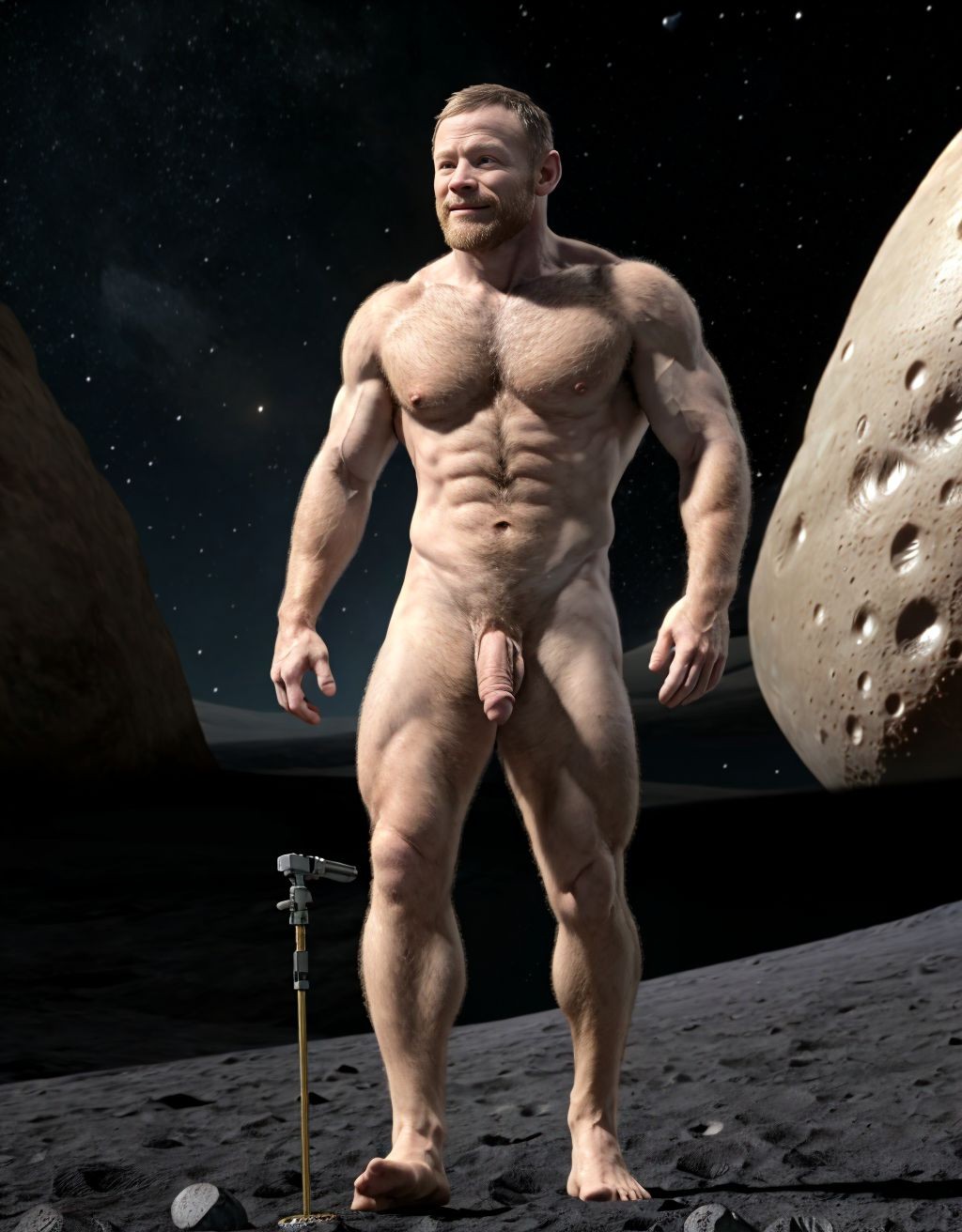 Neil Armstrong desnudo totalmente desnudo. Tiene el pecho con vello y brazos con vello. Está totalmente desnudo de pie y pisando el suelo Lunar. Está musculoso. Tiene pene grande erecto. Tiene testículos grandes. Tiene mucho vello y pelo. Foto muy realista texturas 8k. 