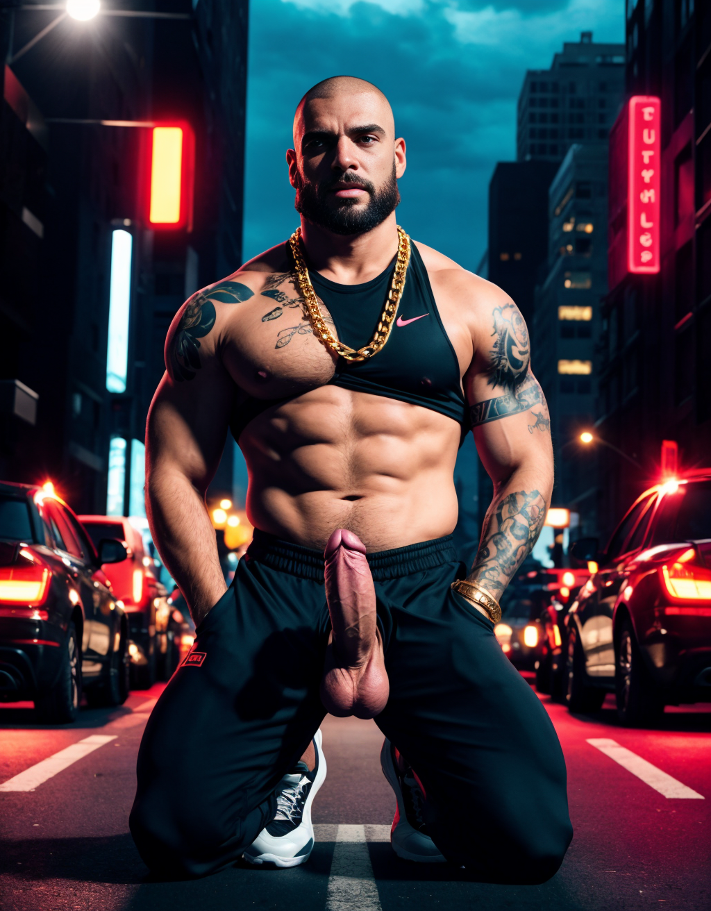 Hombre de 25 años, cuerpo atlético, rasgos duros y actitud desafiante, chandal deportivo ajustado, pene grande y largo, rapado, barba de dos días, zapatos Nike llamativos, tatuajes visibles en los antebrazos y el cuello, cadena gruesa de oro, calle de ciudad de fondo, de pie con postura dominante, expresión chulesca. Un hombre mayor de traje ejecutivo y zapatos, arrodillado a sus pies, pene erecto, testículos grandes, mirada de sumisión, frente tocando el pene del joven. Diferencia clara de estatus y poder, iluminación urbana nocturna, contraste fuerte de vestimenta y actitud, detalle en los rostros y gestos, composición vertical impactante.