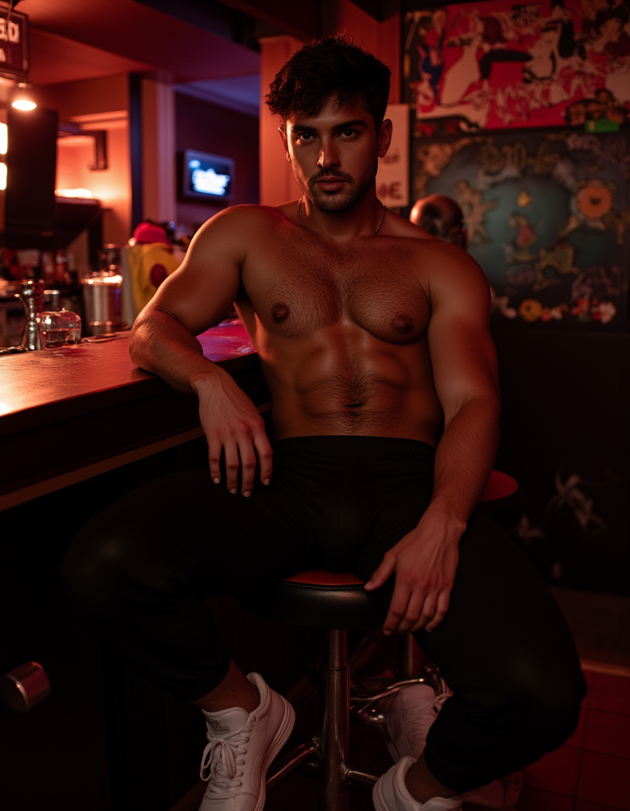 hombre de 32 años, cuerpo musculoso, torso desnudo con vello en pecho y vientre. piel blanca y pelo negro revuelto , barba de tres días bien recortada. Está sentado en un taburete en la barra de un bar gay. Lleva pantalón negro ajustado de tiro bajo que deja sus bóxer al descubierto. Calza zapatillas blancas de deporte. Tiene las piernas abiertas, lo que destaca el bulto de la entrepierna. Su cara es dulce pero con carácter y su mirada penetrante, mirando fijamente a cámara.